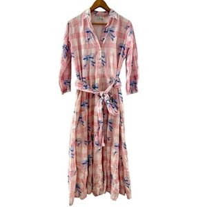 Darlington Isle Pink Plaid Blue Bow Print Shirt Dress 3/4 Sleeves Size Medium